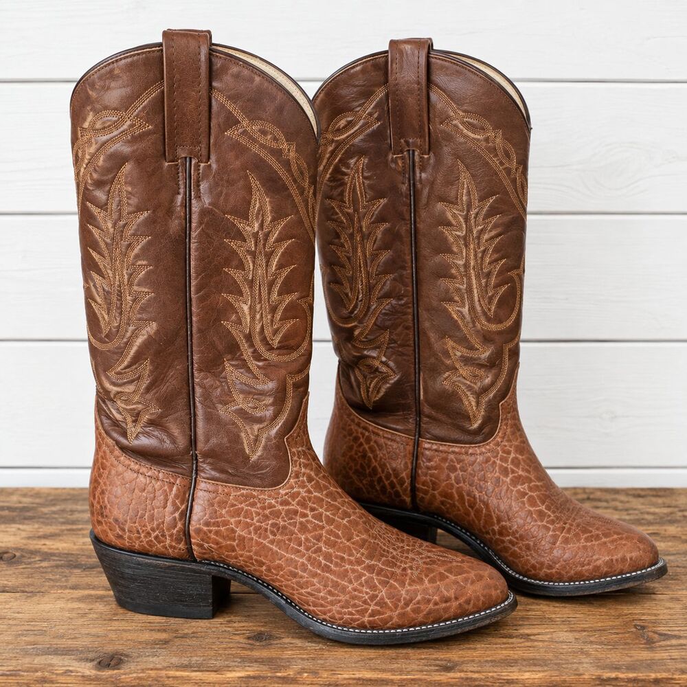 Vintage Tony Lama Brown Cowhide Leather Cowboy Boots MEN'S 10.5D Round Toe